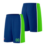 Custom basketball jersey shorts for men and women. Embroidered and printed name, number and logo Royal&Neon Green