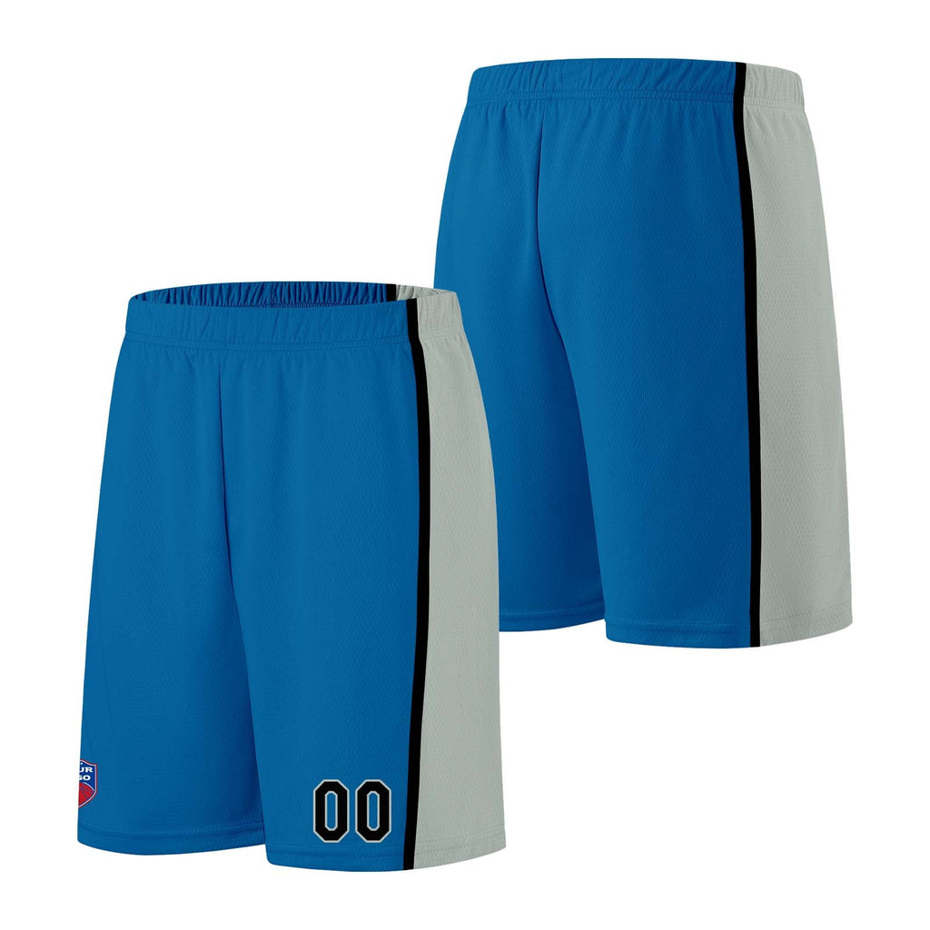 Custom basketball jersey shorts for men and women. Embroidered and printed name, number and logo Blue&Grey enthsush