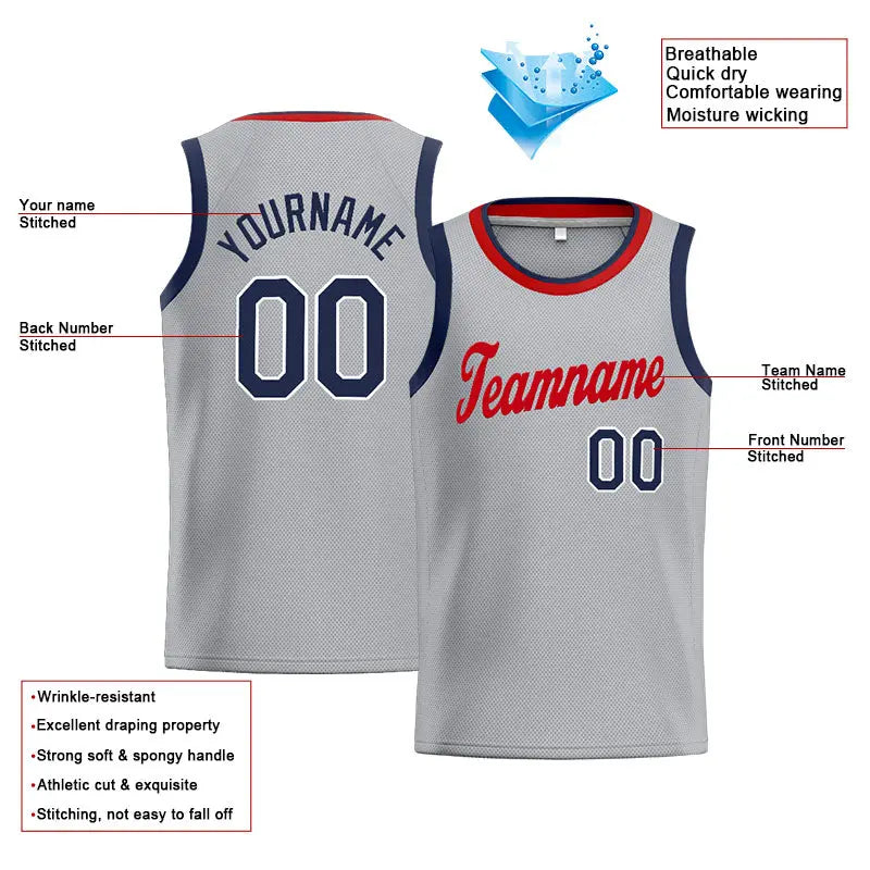 Custom Stitched Basketball Jersey for Men, Women And Kids Gray-Red-Navy enthsush