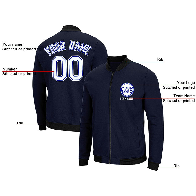 Custom Long Sleeve Windbreaker Jackets Uniform Printed Your Logo Name Number Navy-White-Royal enthsush