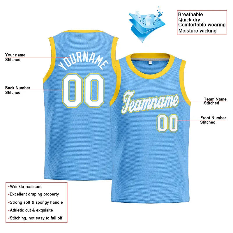 Custom Stitched Basketball Jersey for Men, Women And Kids Light Blue-White-Yellow enthsush