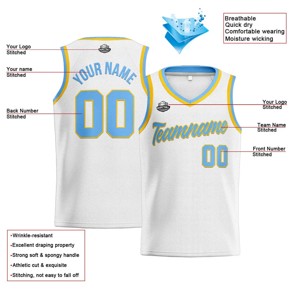 Custom Stitched Basketball Jersey for Men, Women  And Kids White-Light Blue-Yellow enthsush