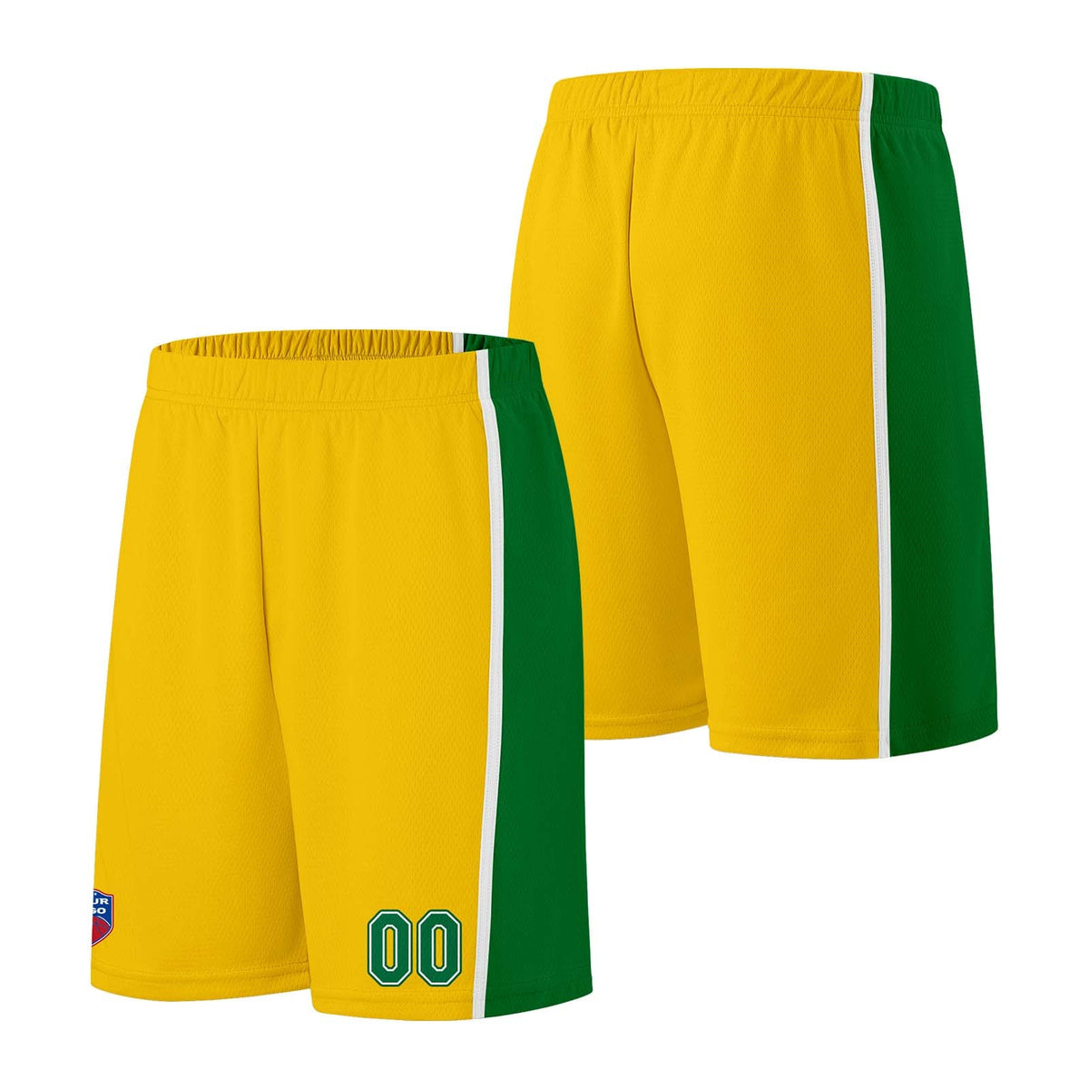Custom basketball jersey shorts for men and women. Embroidered and printed name, number and logo Yellow&Green enthsush