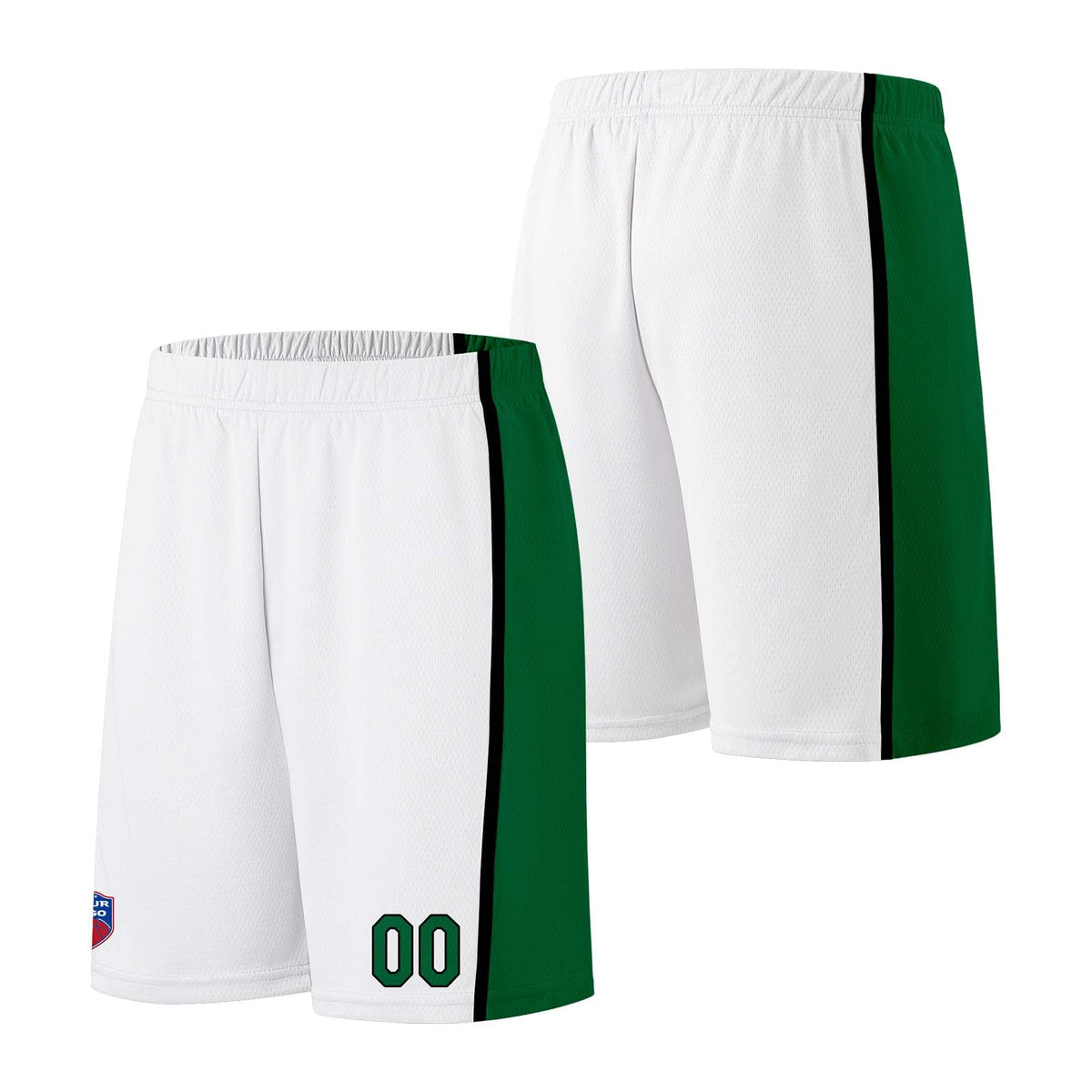 Custom basketball jersey shorts for men and women. Embroidered and printed name, number and logo White&Green enthsush
