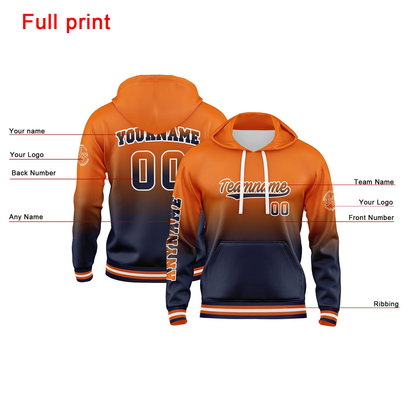 Custom Navy Orange Sweatshirt Hoodie For Men Women Girl Boy Print Your Logo Name Number enthsush