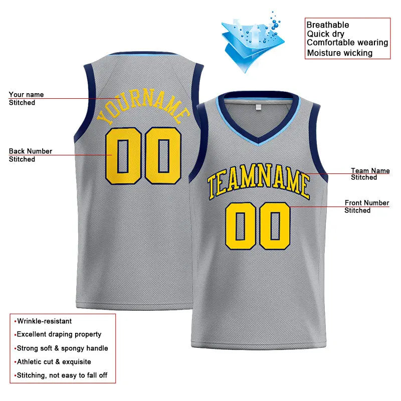 Custom Stitched Basketball Jersey for Men, Women And Kids Gray-Yellow-Navy enthsush