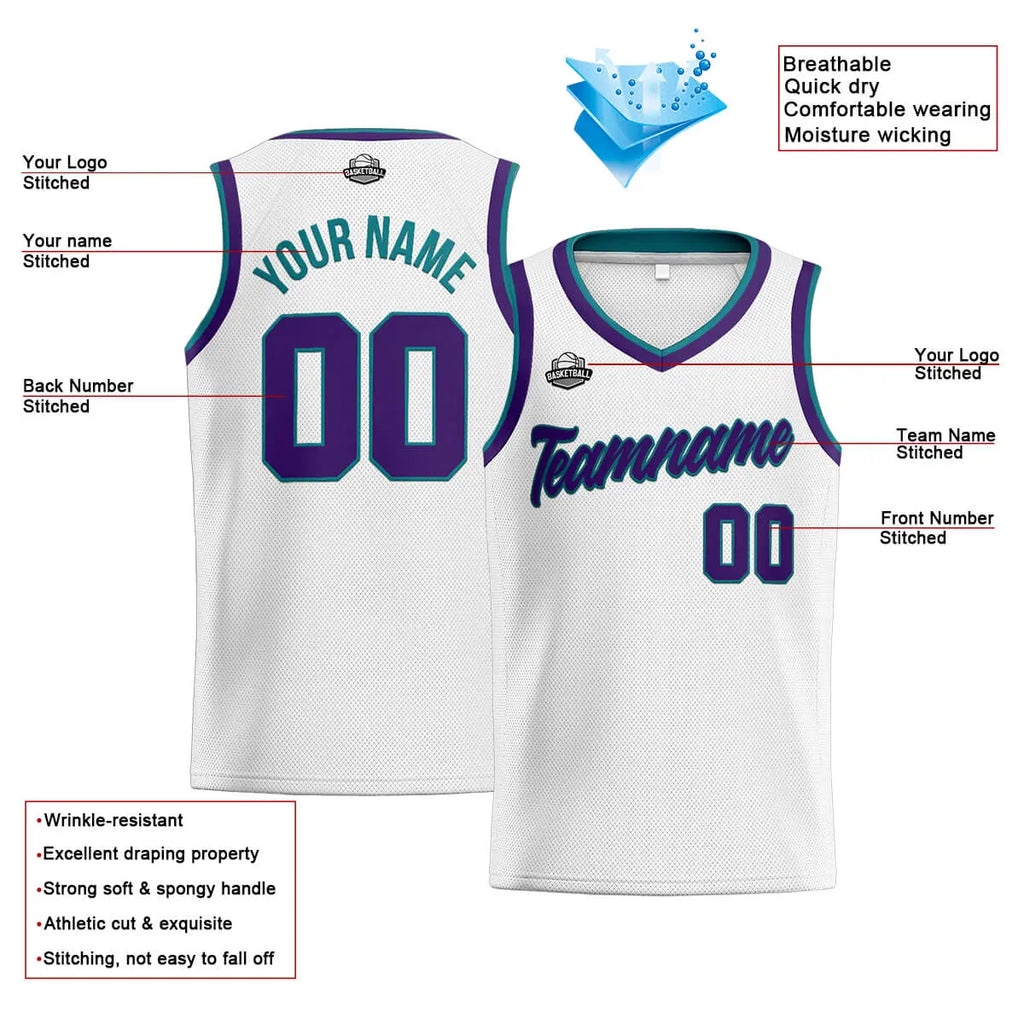 Custom Stitched Basketball Jersey for Men, Women  And Kids White-Purple-Teal enthsush