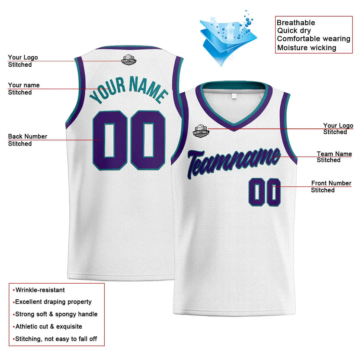 Custom Stitched Basketball Jersey for Men, Women  And Kids White-Purple-Teal enthsush