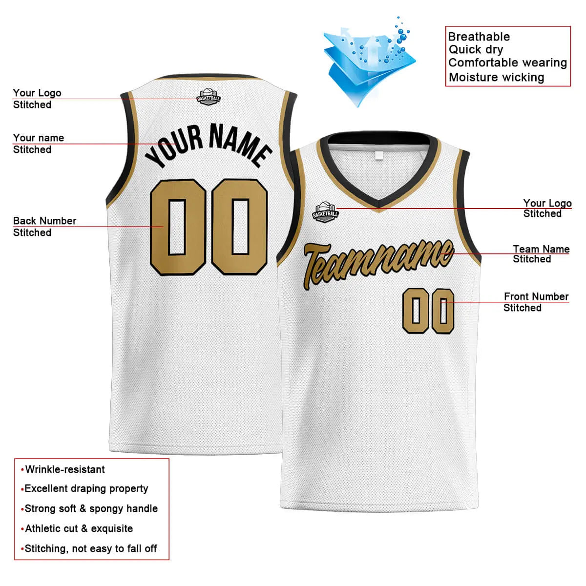 Custom Stitched Basketball Jersey for Men, Women  And Kids White-Gold-Black enthsush