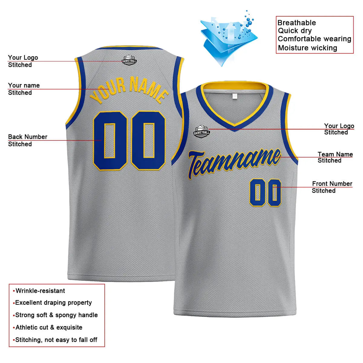 Custom Stitched Basketball Jersey for Men, Women  And Kids Gray-Royal-Yellow enthsush