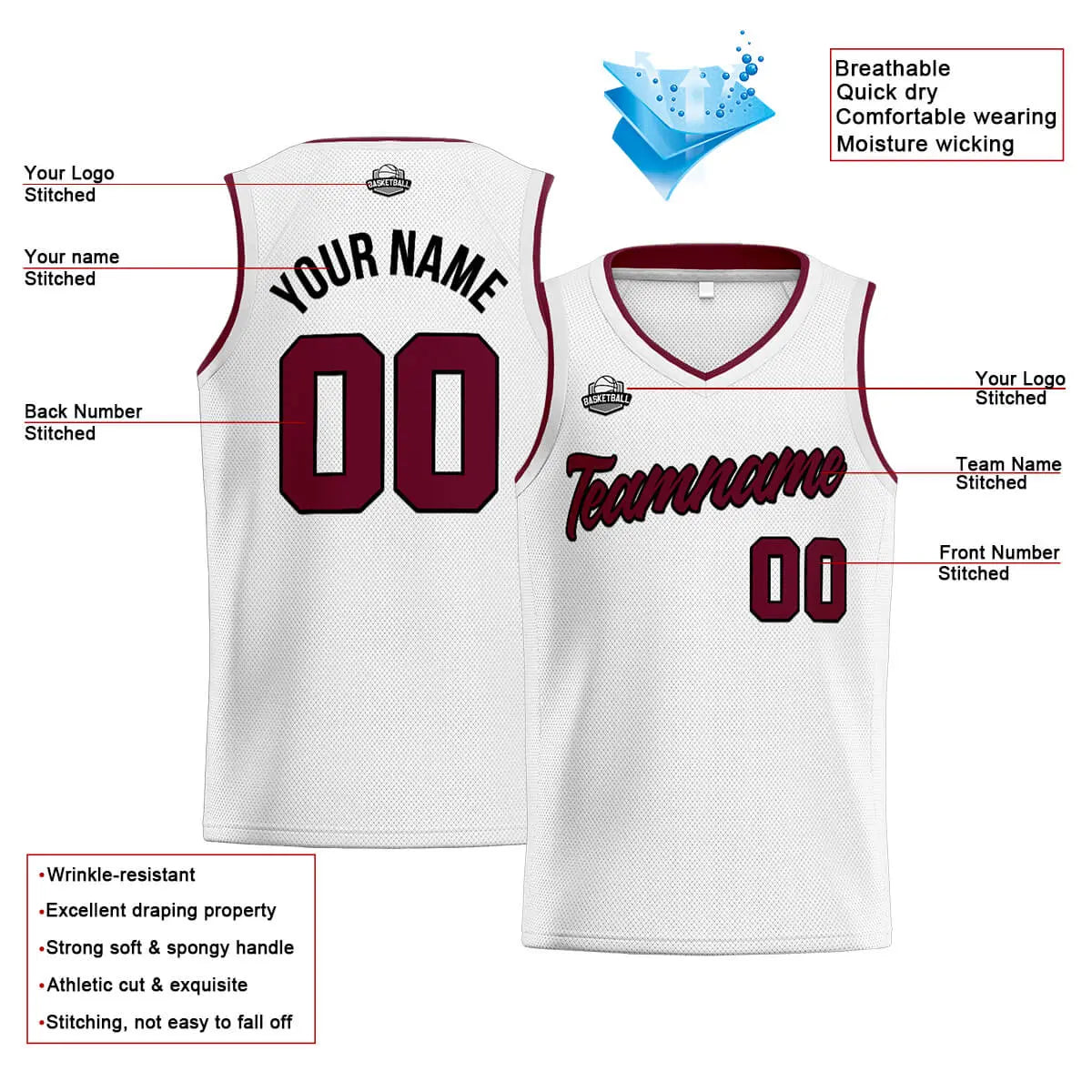Custom Stitched Basketball Jersey for Men, Women  And Kids White-Burgundy enthsush