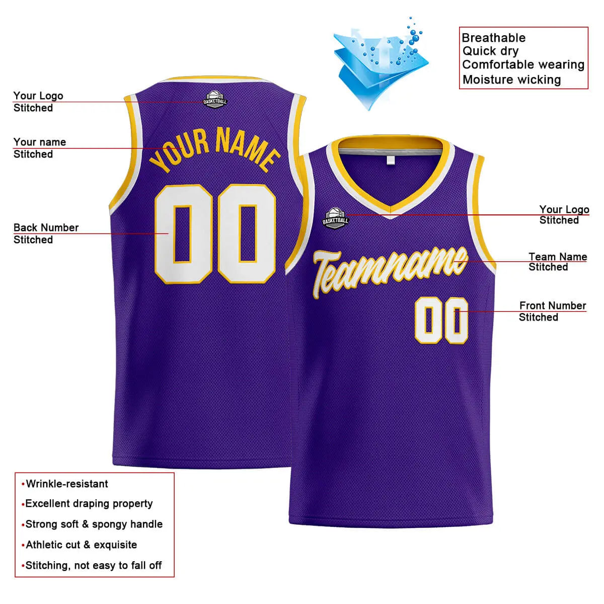 Custom Stitched Basketball Jersey for Men, Women  And Kids Purple-White-Yellow enthsush