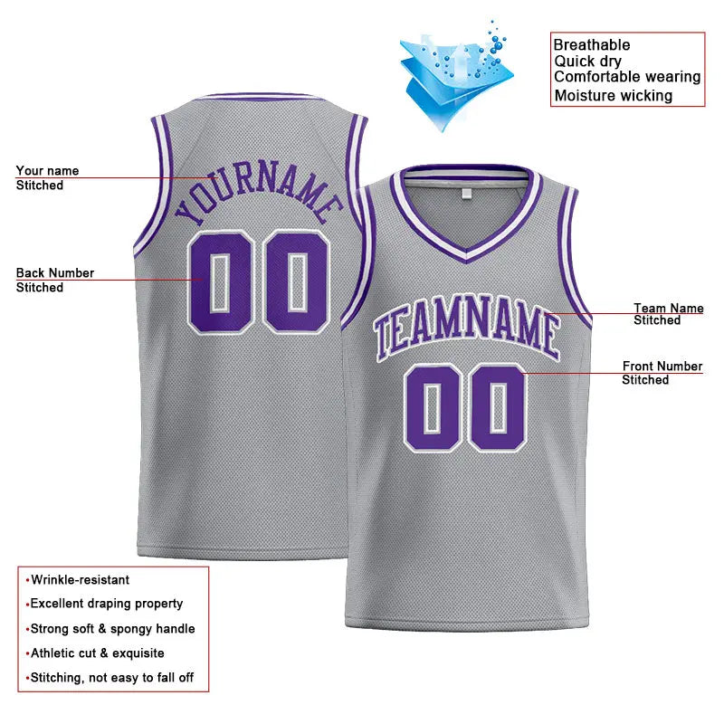 Custom Stitched Basketball Jersey for Men, Women And Kids Gray-Purple-White enthsush