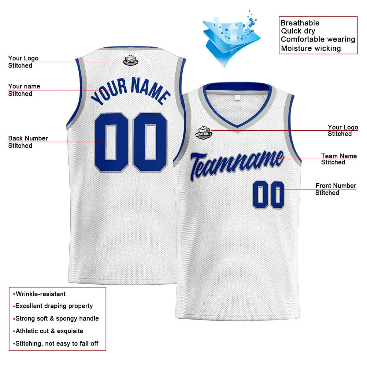 Custom Stitched Basketball Jersey for Men, Women  And Kids White-Royal-Gray enthsush