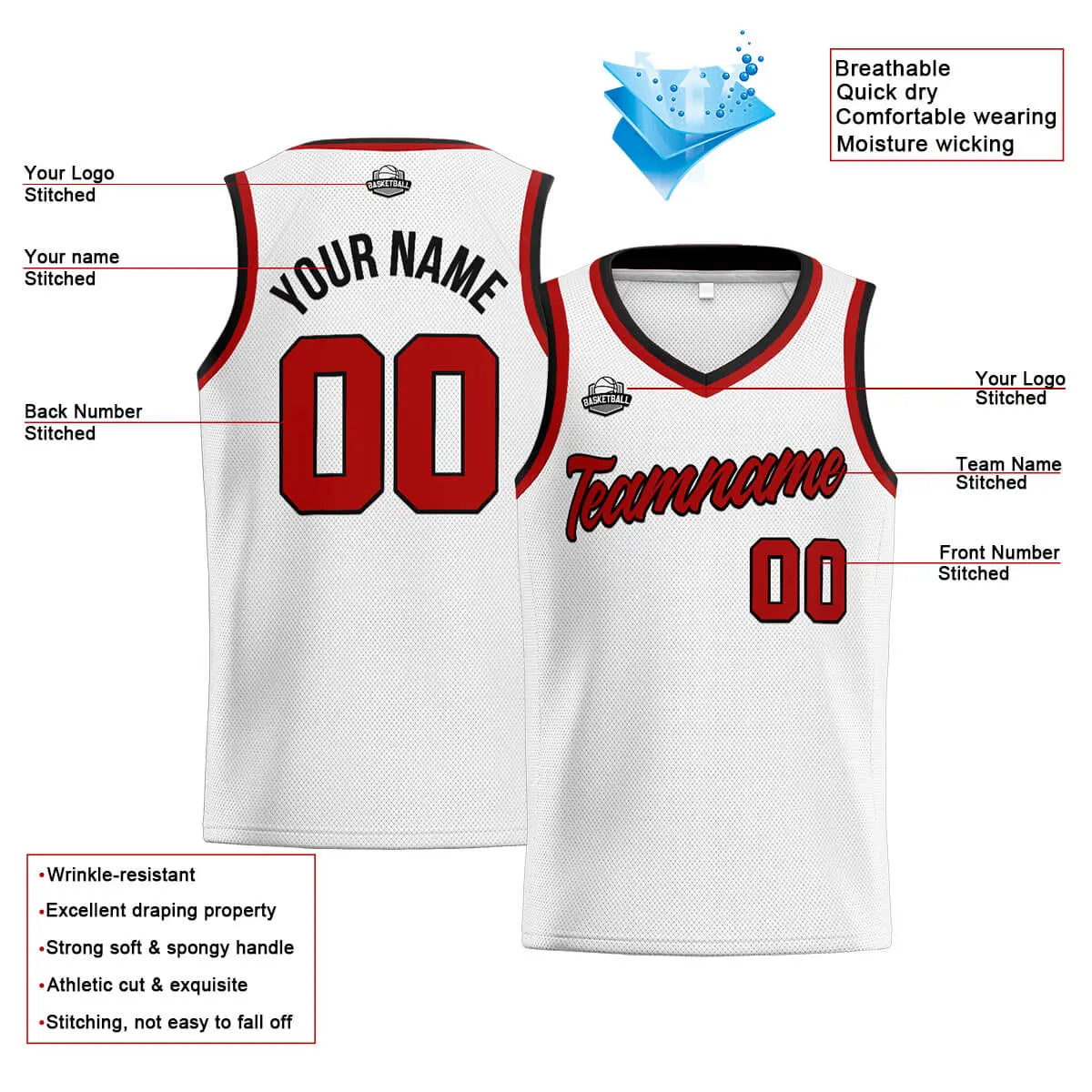 Custom Stitched Basketball Jersey for Men, Women  And Kids White-Red-Black enthsush