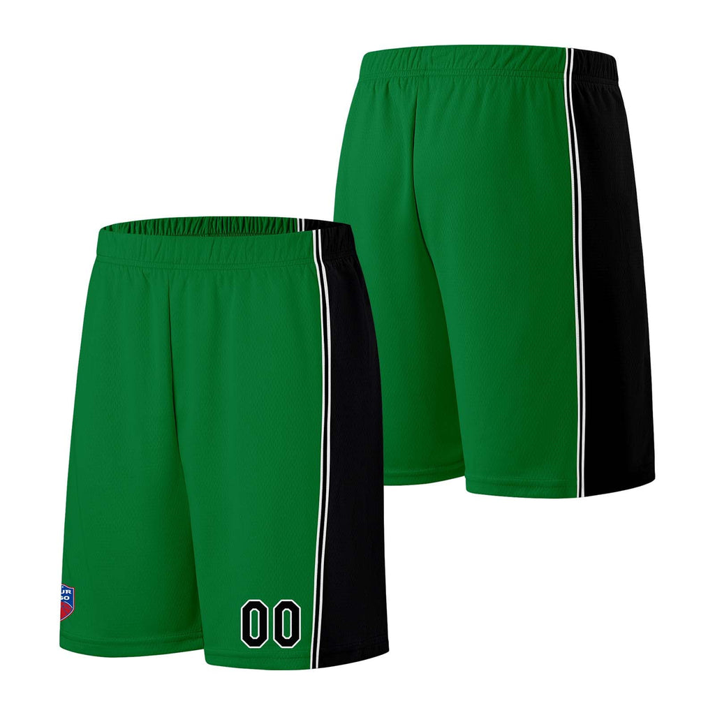 Custom basketball jersey shorts for men and women. Embroidered and printed name, number and logo Green&Black enthsush