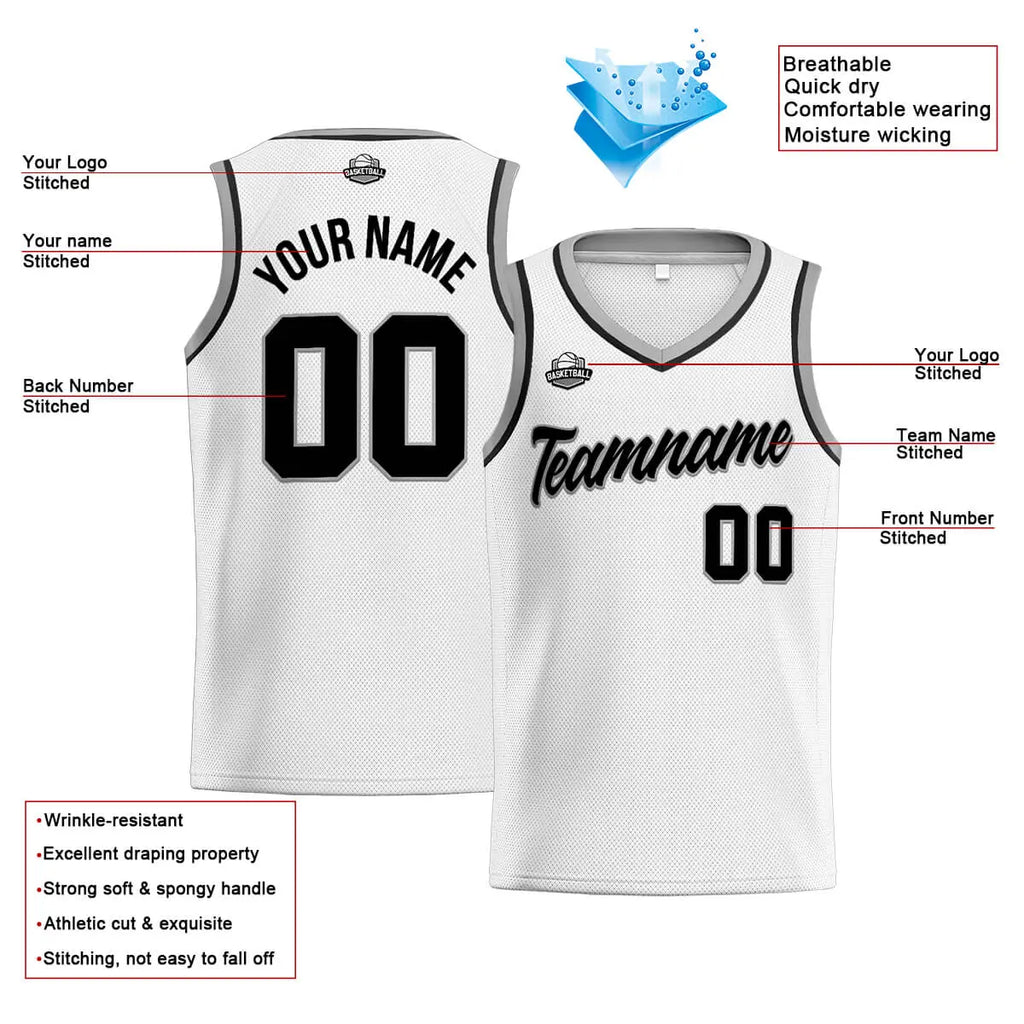 Custom Stitched Basketball Jersey for Men, Women  And Kids White-Black-Gray enthsush