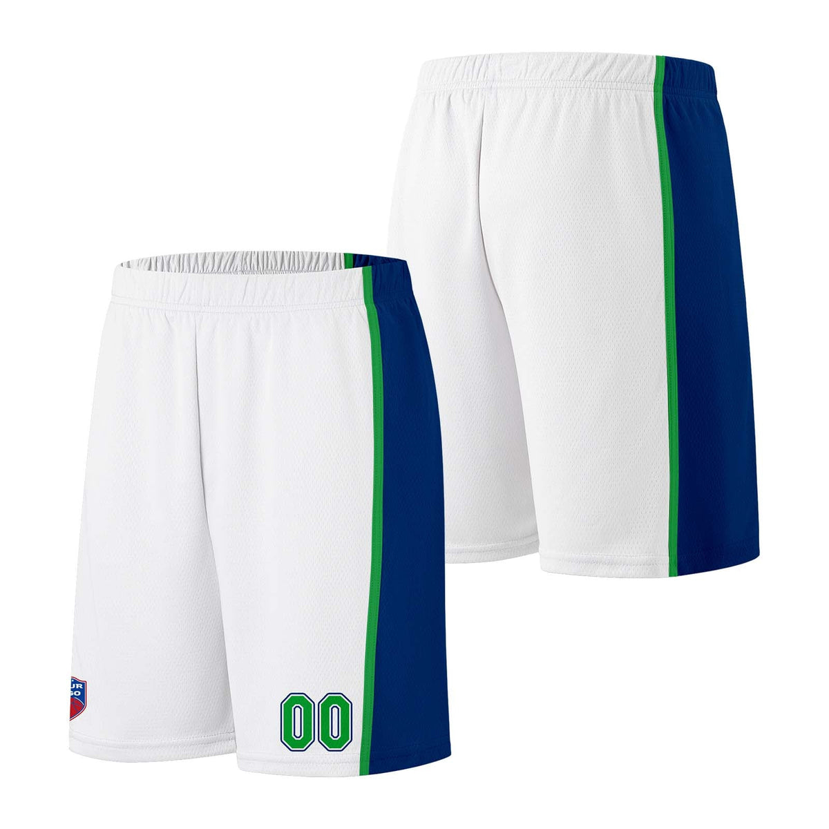 Custom basketball jersey shorts for men and women. Embroidered and printed name, number and logo White&Royal&Green enthsush