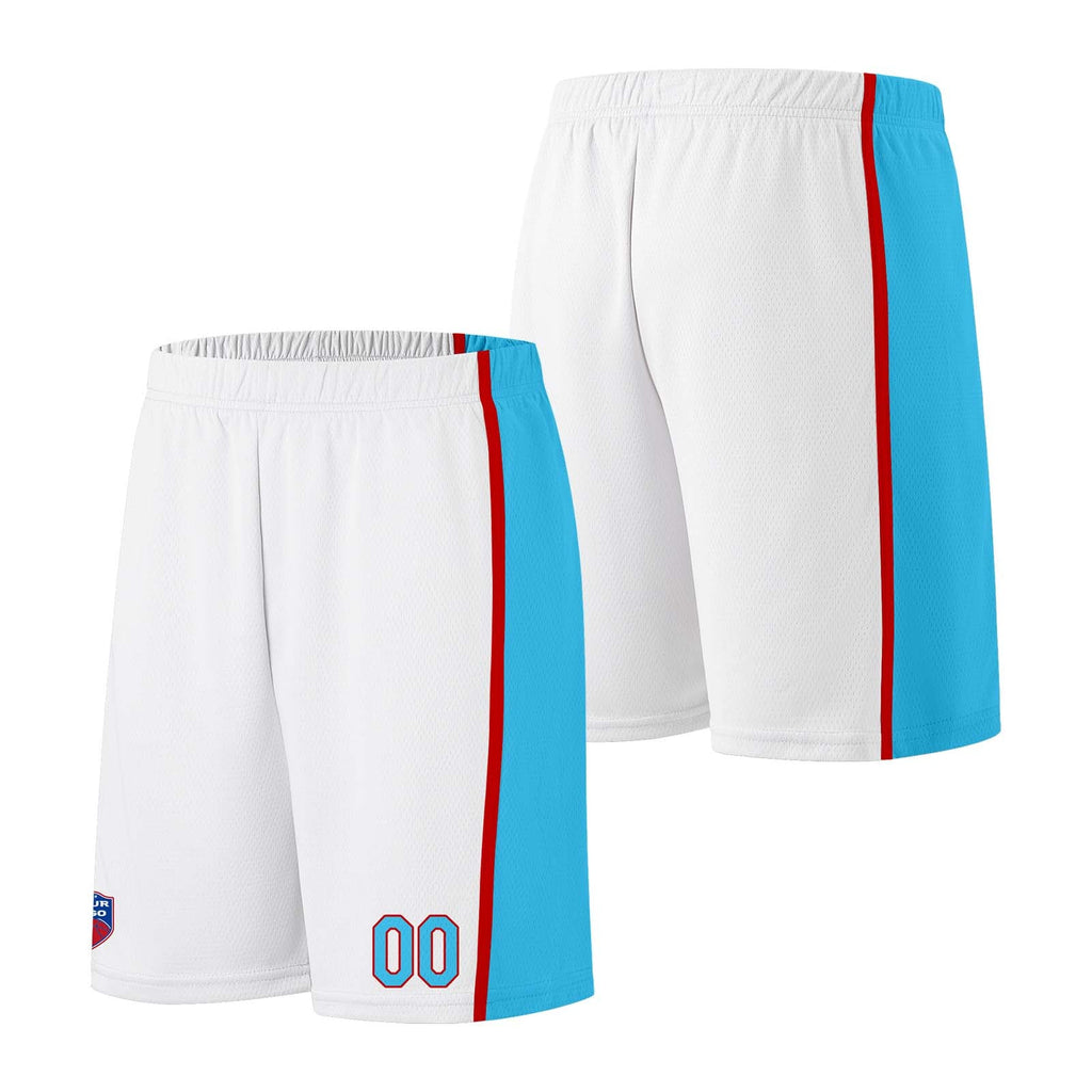 Custom basketball jersey shorts for men and women. Embroidered and printed name, number and logo White&Light Blue&Red enthsush