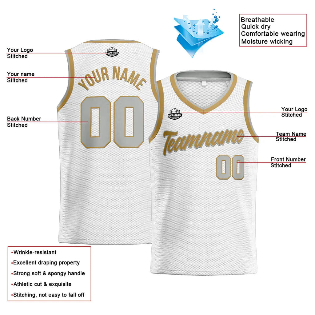 Custom Stitched Basketball Jersey for Men, Women  And Kids White-Gold-Gray enthsush
