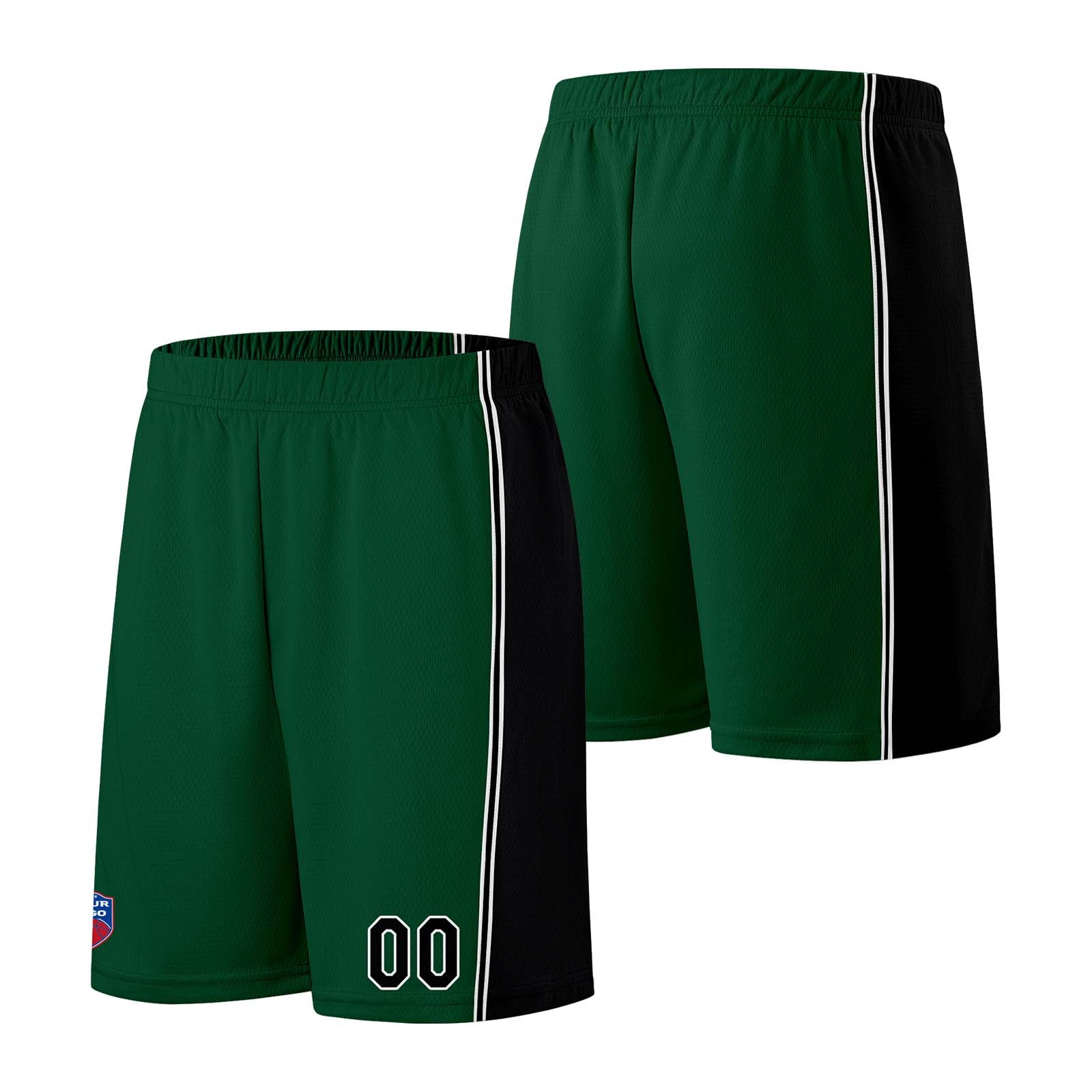 Custom basketball jersey shorts for men and women. Embroidered and printed name, number and logo Dark Green enthsush