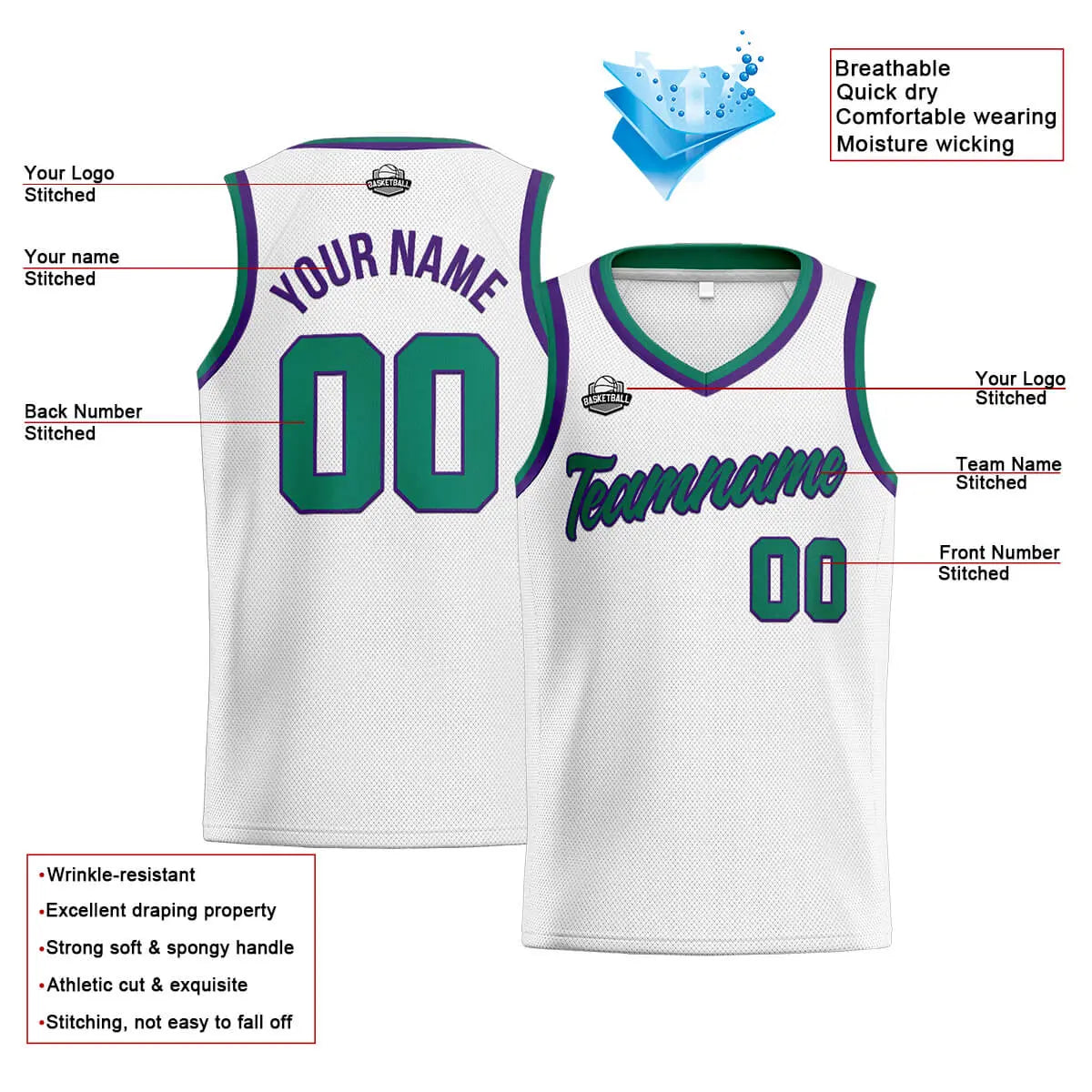 Custom Stitched Basketball Jersey for Men, Women  And Kids White-Green-Purple enthsush