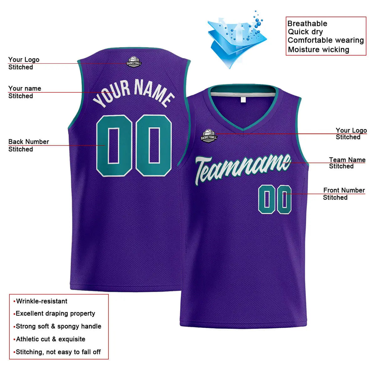 Custom Stitched Basketball Jersey for Men, Women  And Kids Purple-Teal enthsush