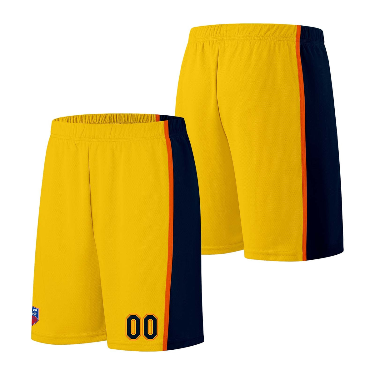 Custom basketball jersey shorts for men and women. Embroidered and printed name, number and logo Yellow enthsush