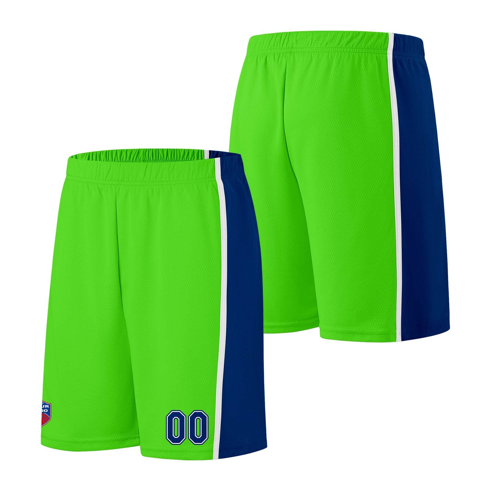 Custom basketball jersey shorts for men and women. Embroidered and printed name, number and logo Neon Green&Royal enthsush
