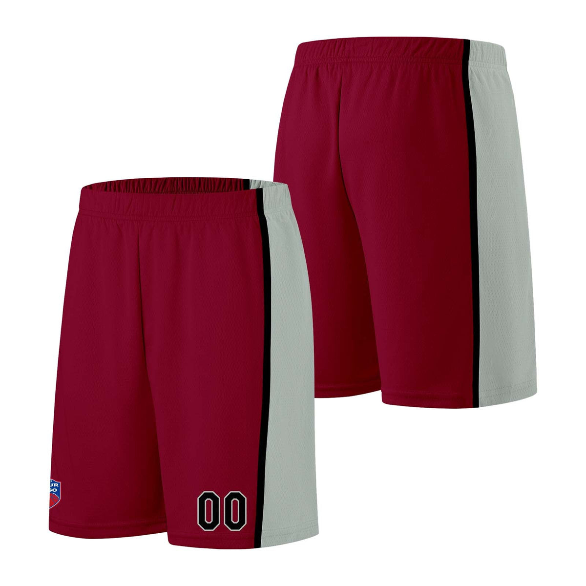 Custom basketball jersey shorts for men and women. Embroidered and printed name, number and logo Burgundy&Grey enthsush