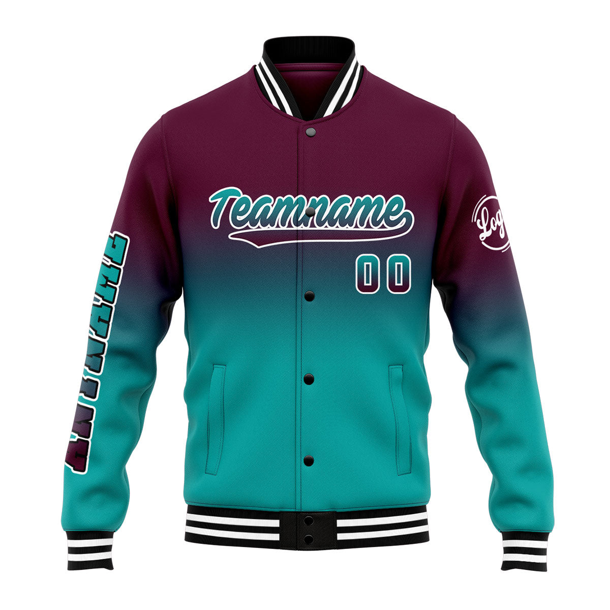 Custom Gradient Varsity Jacket Letterman jacket for Men, Women and Youth Burgundy&Teal enthsush