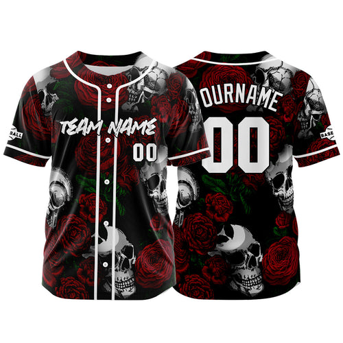 Custom Baseball Jersey Personalized Baseball Shirt for Men Women Kids Youth Teams Stitched and Print Rose Skull&Red enthsush