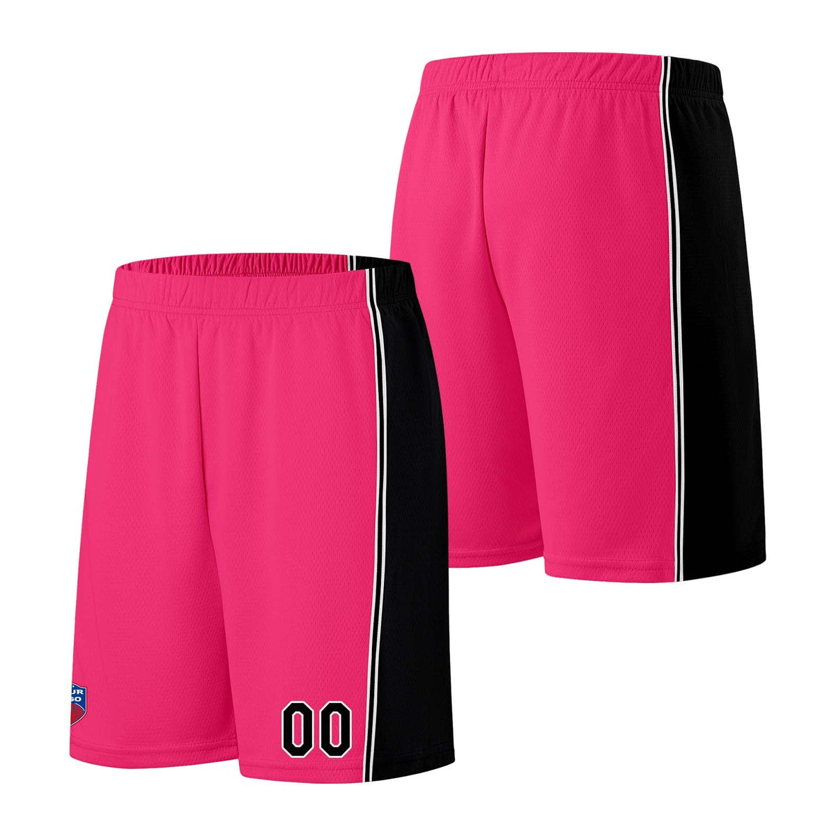 Custom basketball jersey shorts for men and women. Embroidered and printed name, number and logo Pink&Black enthsush