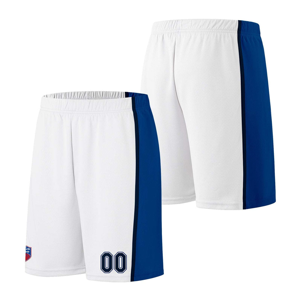 Custom basketball jersey shorts for men and women. Embroidered and printed name, number and logo White enthsush