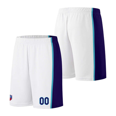 Custom basketball jersey shorts for men and women. Embroidered and printed name, number and logo White&Purple enthsush