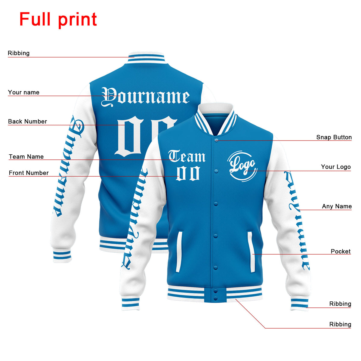 Custom Varsity Jacket Letterman jacket for Men, Women and Youth Blue White enthsush