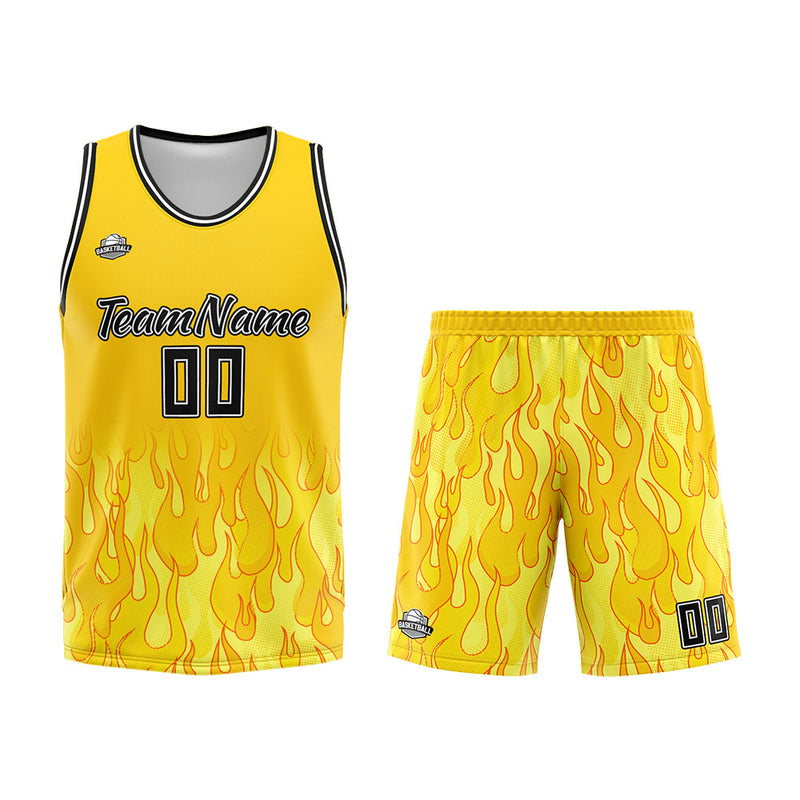 Custom Basketball Jersey Uniform Suit Printed Your Logo Name Number Flame&Yellow