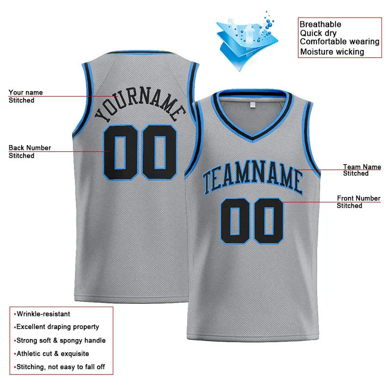 Custom Stitched Basketball Jersey for Men, Women And Kids Gray-Black-Light Blue enthsush