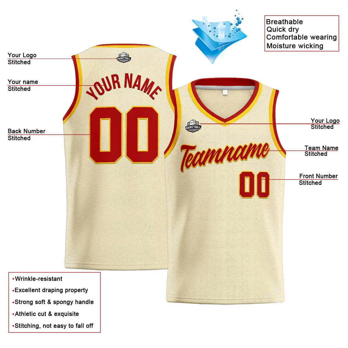 Custom Stitched Basketball Jersey for Men, Women  And Kids Cream-Red-Yellow enthsush