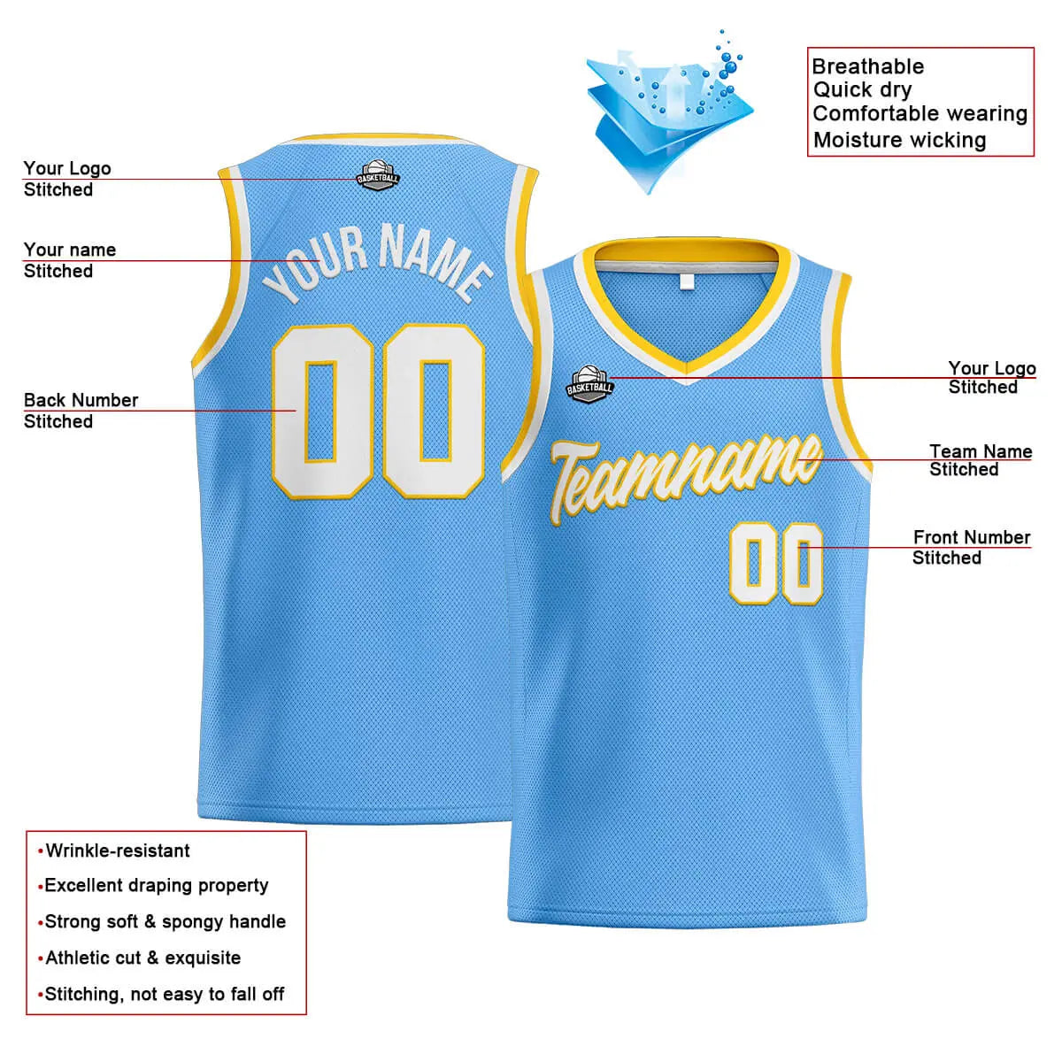 Custom Stitched Basketball Jersey for Men, Women  And Kids Light Blue-White-Yellow enthsush