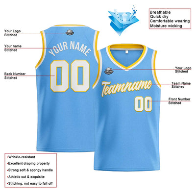 Custom Stitched Basketball Jersey for Men, Women  And Kids Light Blue-White-Yellow enthsush