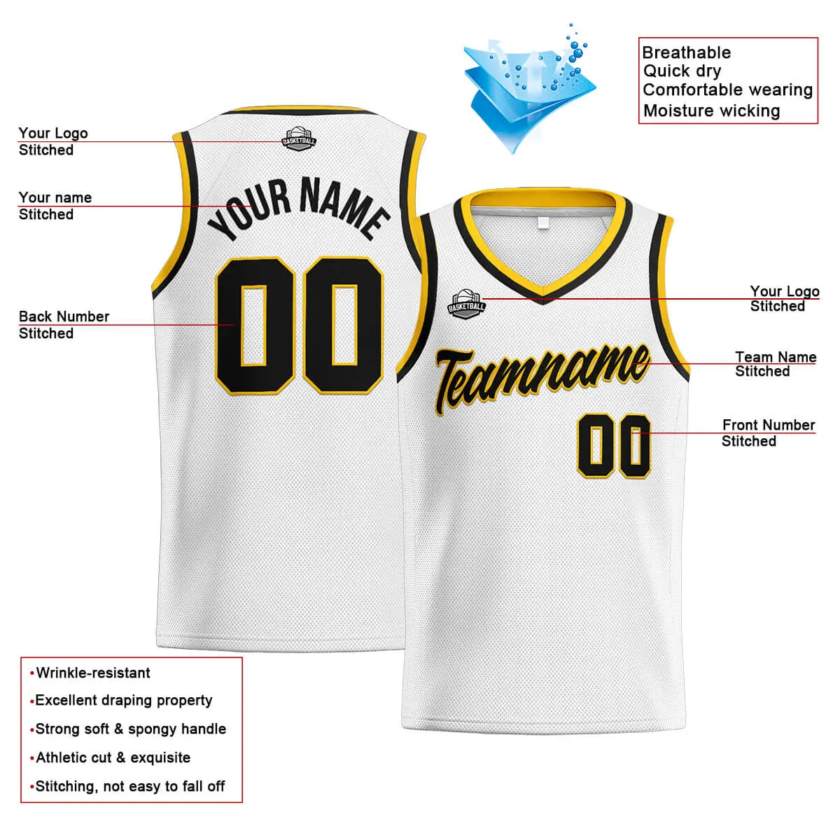 Custom Stitched Basketball Jersey for Men, Women  And Kids White-Black-Yellow enthsush