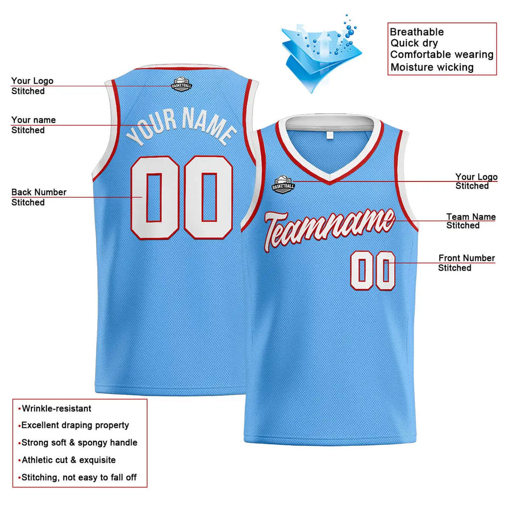 Custom Stitched Basketball Jersey for Men, Women  And Kids Light Blue-White-Red enthsush