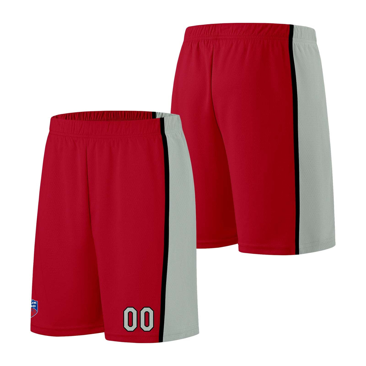 Custom basketball jersey shorts for men and women. Embroidered and printed name, number and logo Red&Grey enthsush
