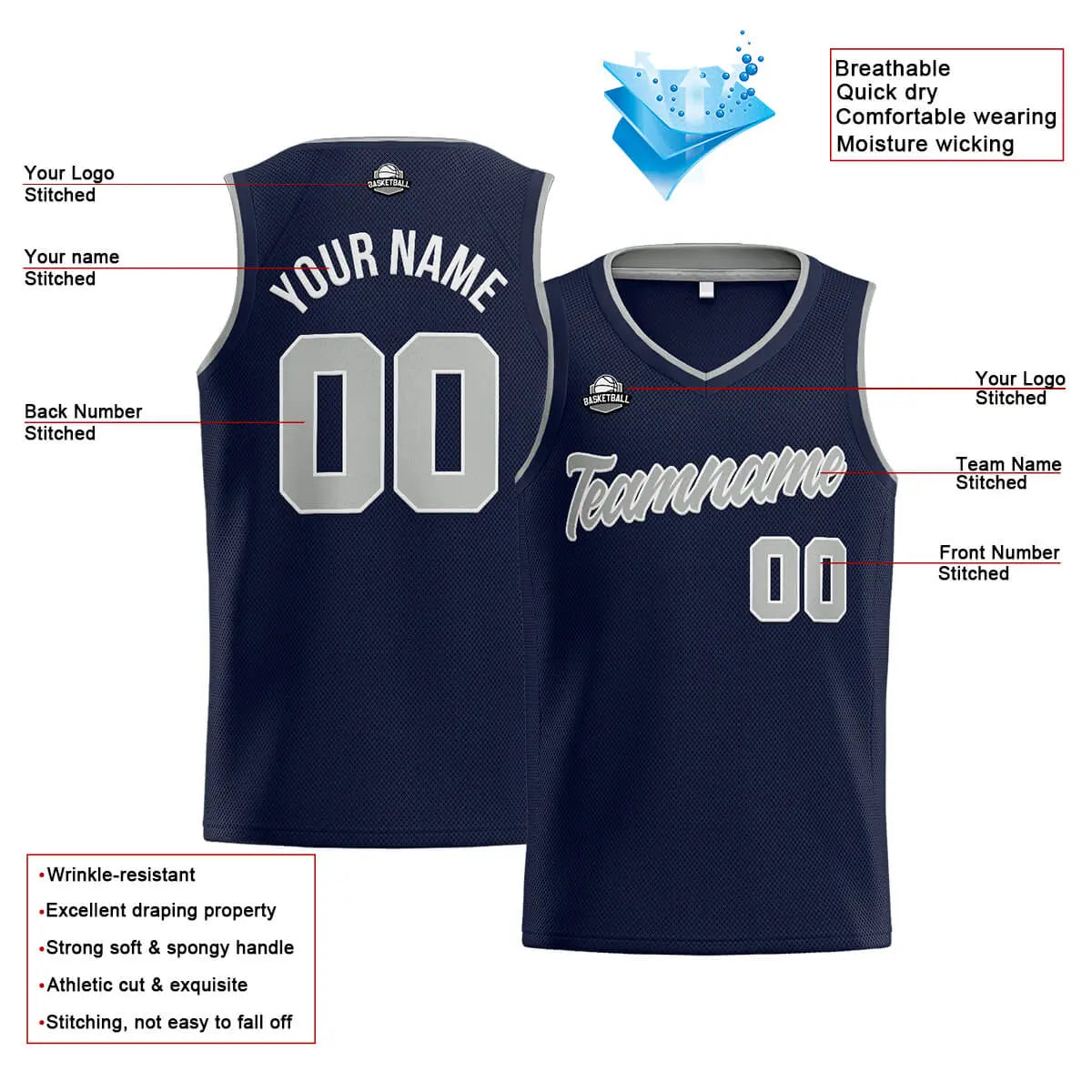 Custom Stitched Basketball Jersey for Men, Women  And Kids Navy-Gray enthsush