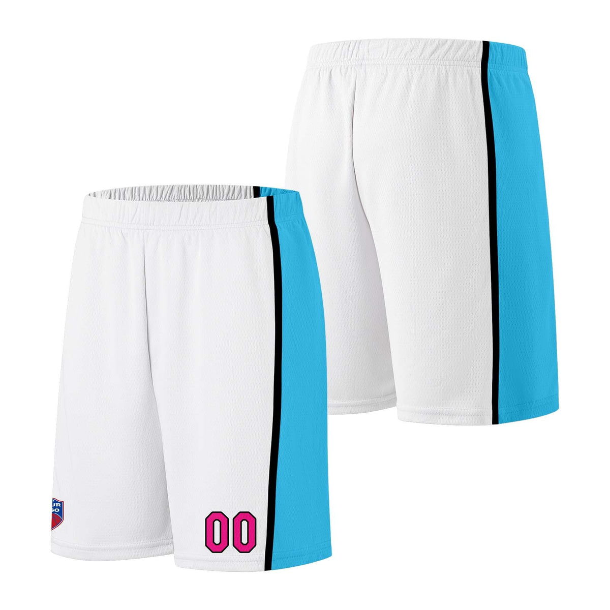 Custom basketball jersey shorts for men and women. Embroidered and printed name, number and logo White enthsush
