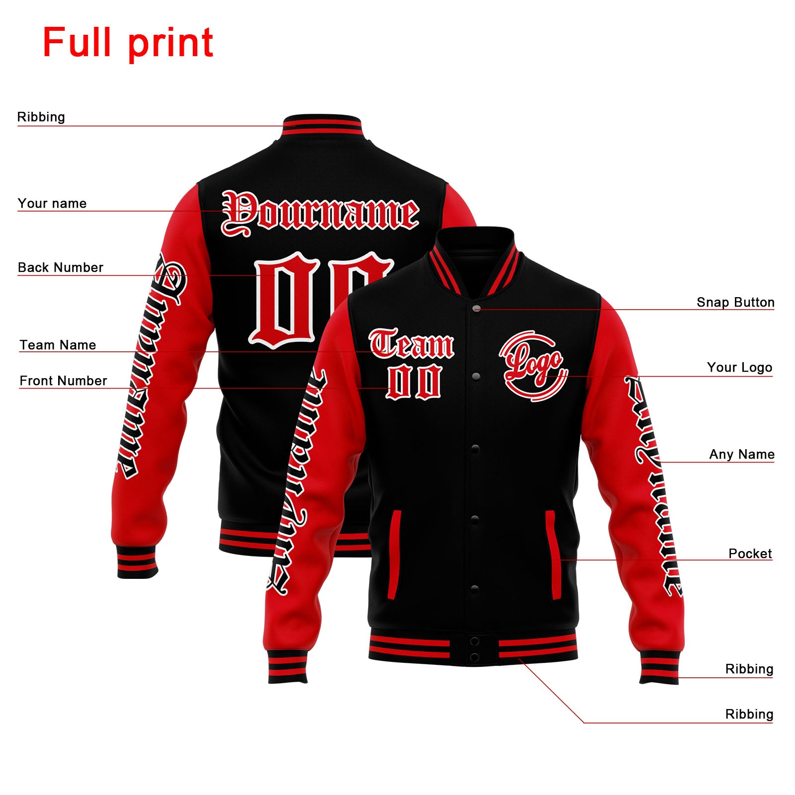 Custom Varsity Jacket Letterman jacket for Men, Women and Youth Black Red enthsush