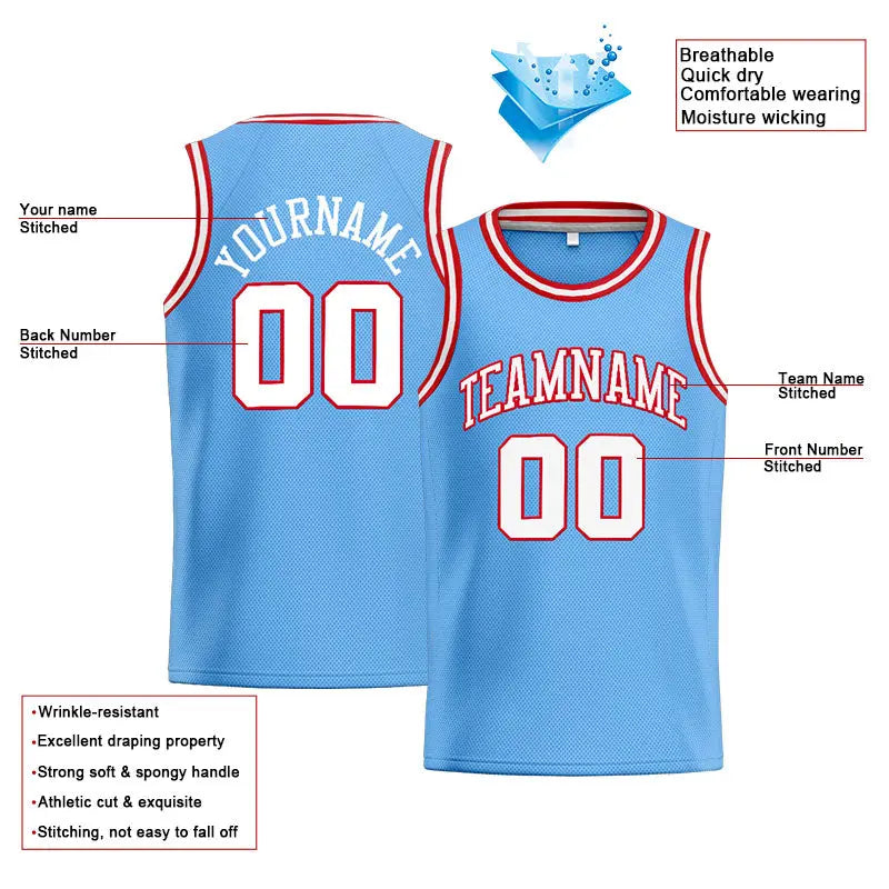 Custom Stitched Basketball Jersey for Men, Women And Kids Light Blue-White-Red enthsush