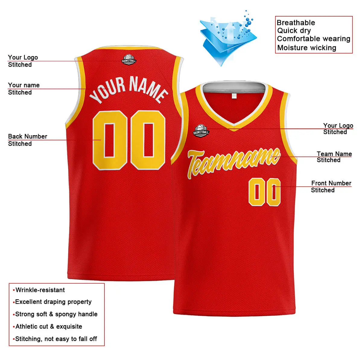 Custom Stitched Basketball Jersey for Men, Women  And Kids Red-Yellow-White enthsush