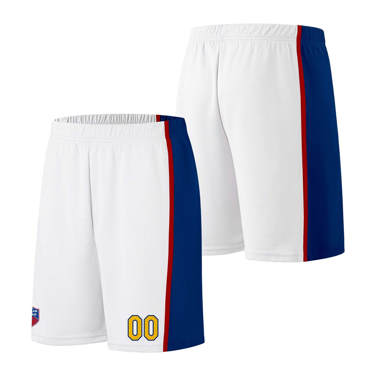 Custom basketball jersey shorts for men and women. Embroidered and printed name, number and logo White&Royal enthsush
